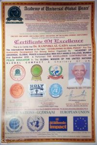 Academy of Universal Global Peace - Certificate of Excellence 